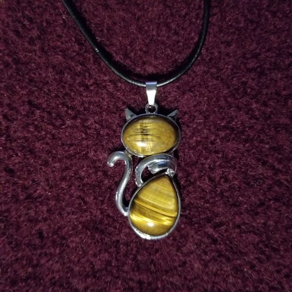 NWOT, tiger eye gemstone pendant, silver plate on black cord, artisan, unisex - Picture 1 of 4